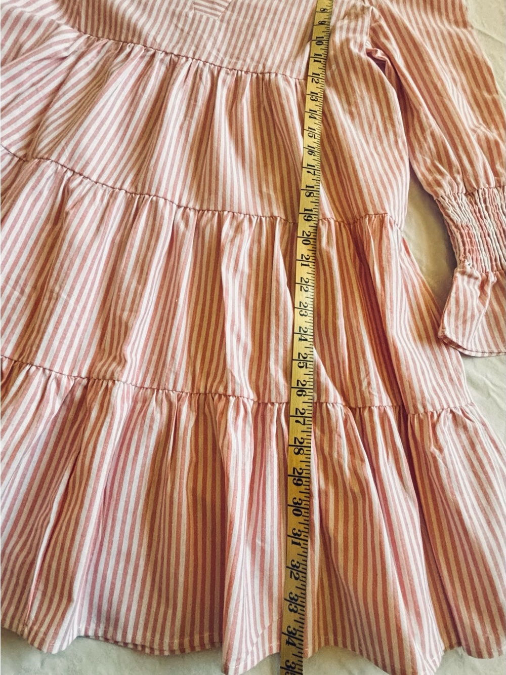 Babydoll Smocked Sleeve Tiered Mini Dress in Soft Pink Stripe - Picture 7 of 7